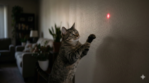 An orange cat is staring intently at a lone red laser dot on the wall, appearing very persistent and frustrated, illustrating the psychological stress that can result from chasing an intangible target for a long time.